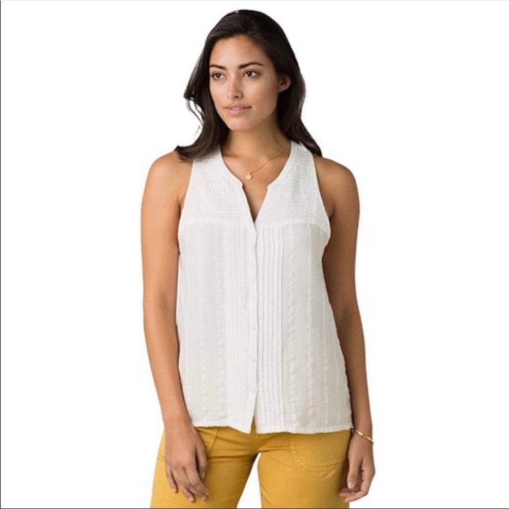 PrAna Nieves White Button Front Lightweight Pintuck Tank Top Women’s Large